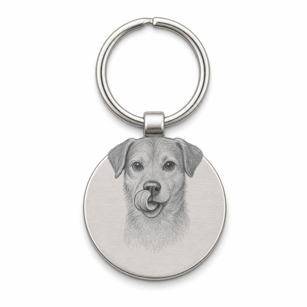 Porte-clés rond gravé portrait grand chien au crayon