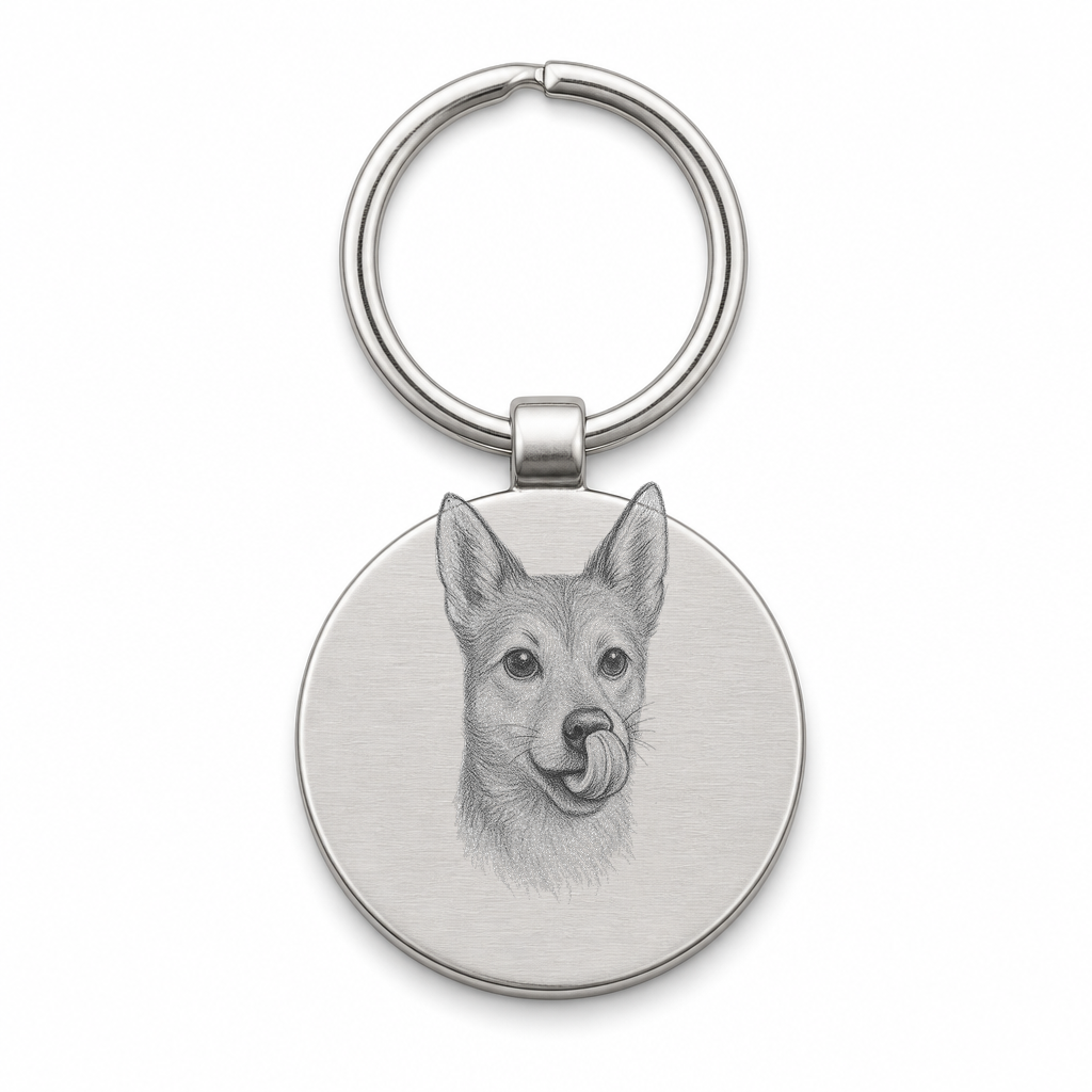 Porte-clés rond gravé portrait petit chien au crayon