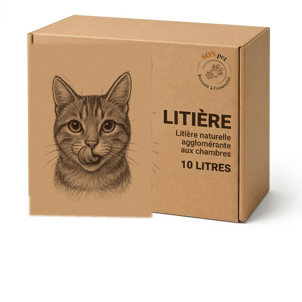 Carton de litière naturelle agglomérante aux chambres 10 L — illustration chat au crayon SON pet