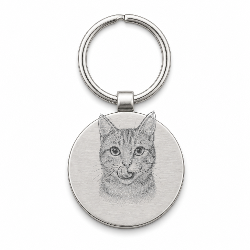 Porte-clés rond gravé portrait chat au crayon
